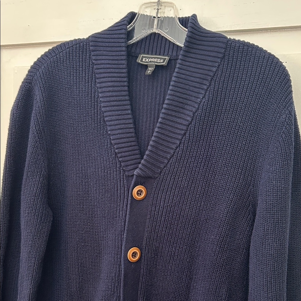 Express Mens Cardigan Sweater Navy Blue   M-L Thick Collar Fisherman Cabin Dad